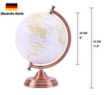 20cm World Globe Golden Colour - Metal Arc and Base - German - Topglobe