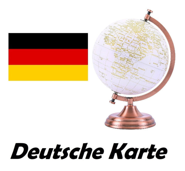 20cm World Globe Golden Colour - Metal Arc and Base - German - Topglobe