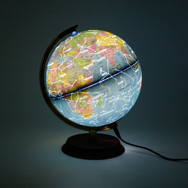 Exerz 20cm Illuminated World Globe Wooden Base - Political Map (Day) Constellation (Night) - Topglobe
